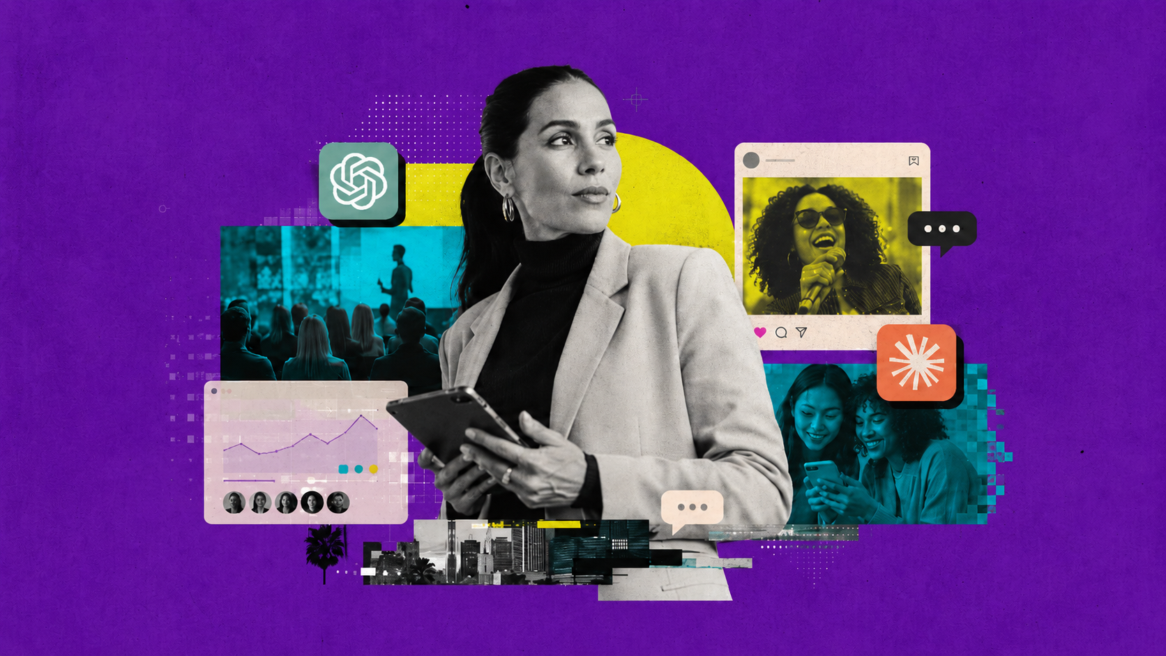 Collage of a marketer with a tablet surrounded by AI, social media, analytics, and community imagery representing technology and culture