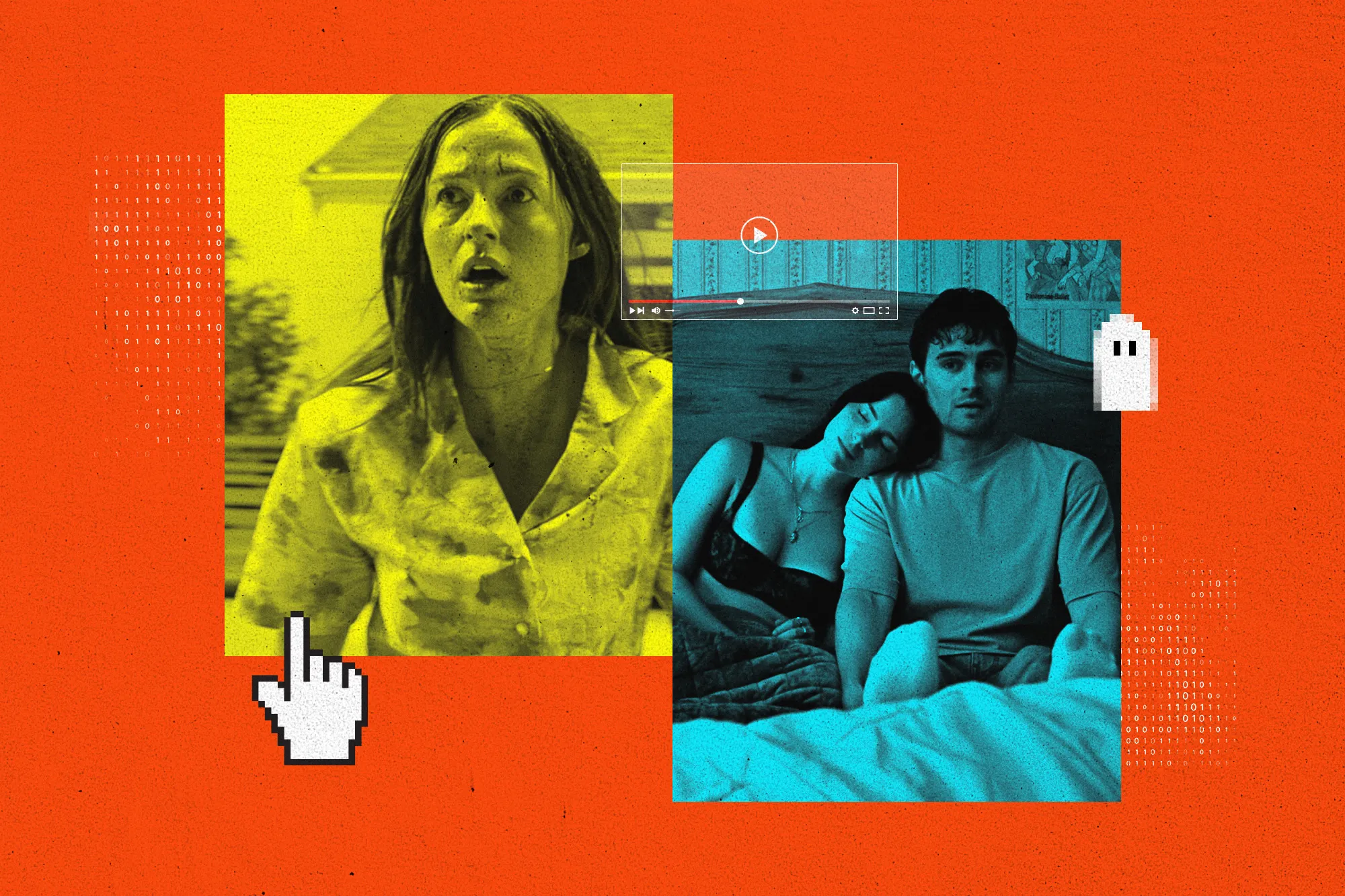 Collage of film stills and video player graphics representing entertainment and brand storytelling